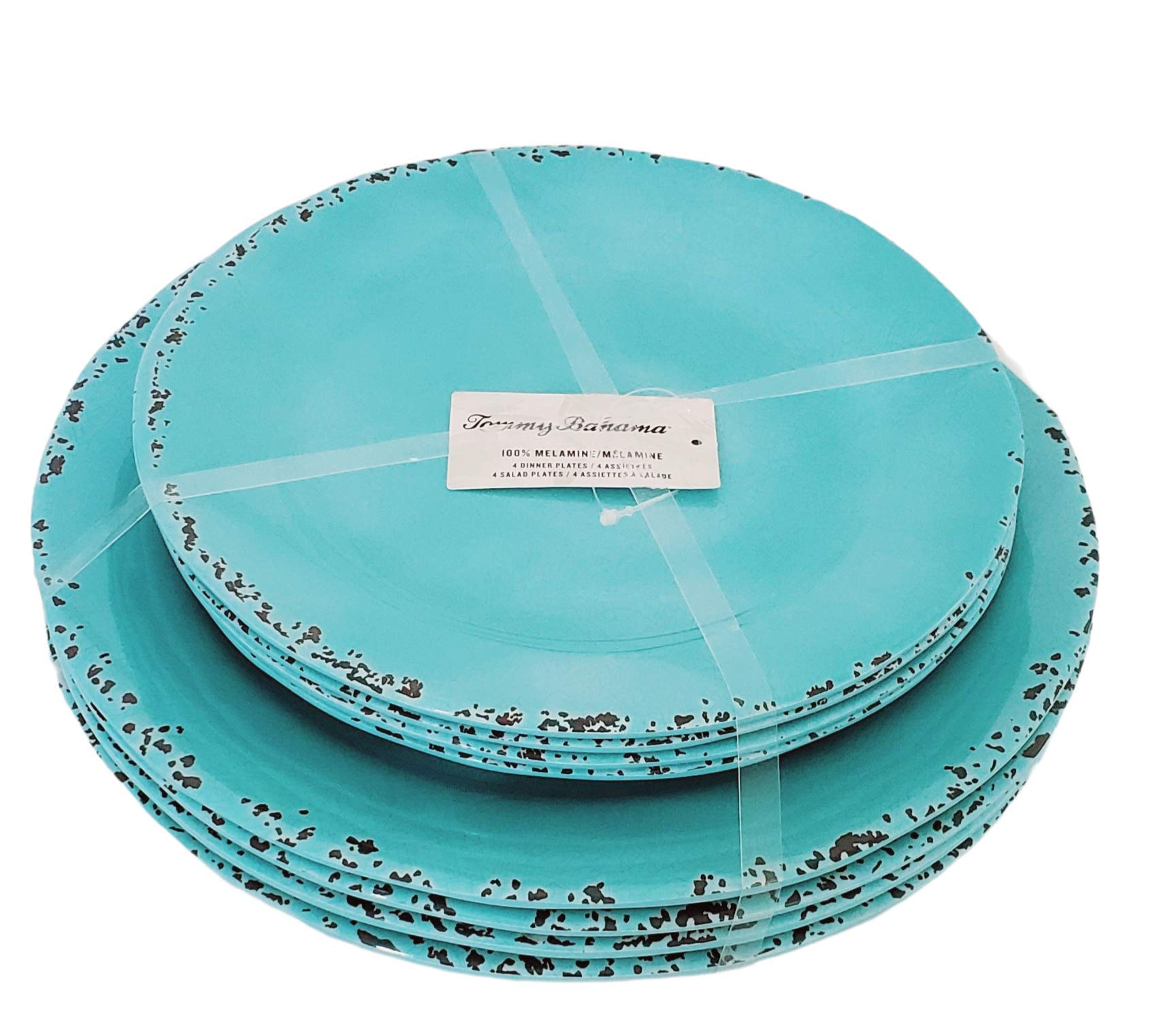 Tommy Bahama Rustic Crackle Dinner Plates & Salad Plates 8pc Set 100% Melamine Indoor Outdoor Dishwasher Safe Shatterproof Kitchen