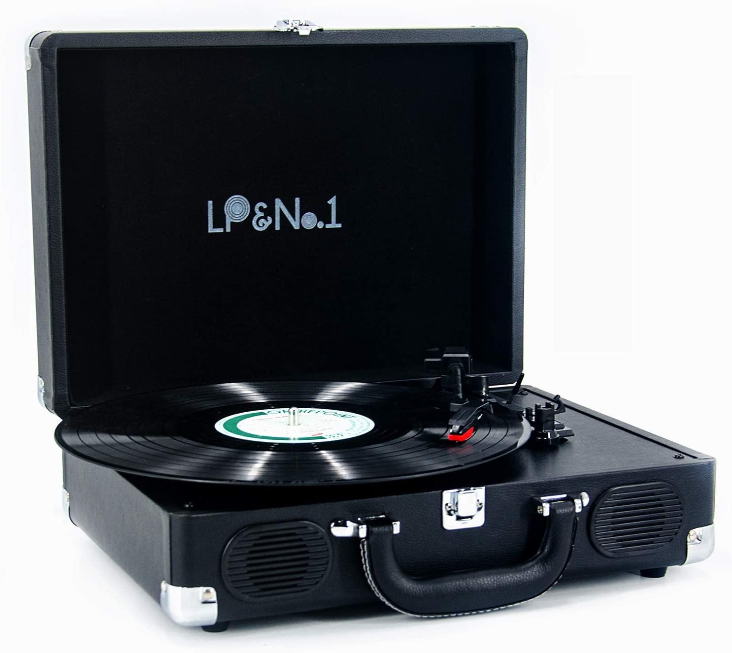 LP&No.1 Portable Suitcase Turntable with Stereo Speaker,3 Speeds Belt-Drive Vinyl Record Player Black - JOY2ESpree