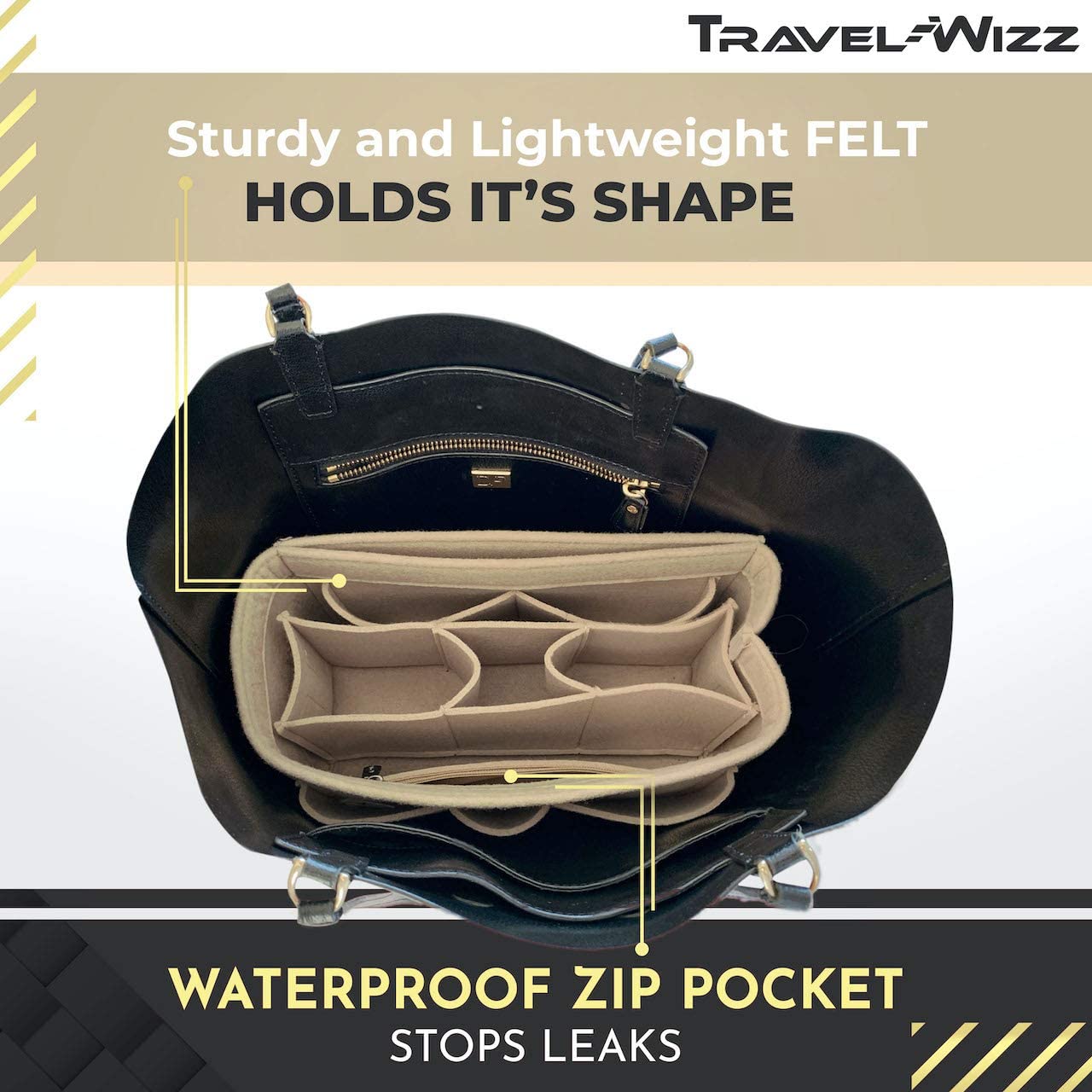 Handbag Organizer - 2in1 Purse Organizer Insert with Inner Zipped Pocket - Tote Shaper fits Speedy Neverfull - Grey Medium