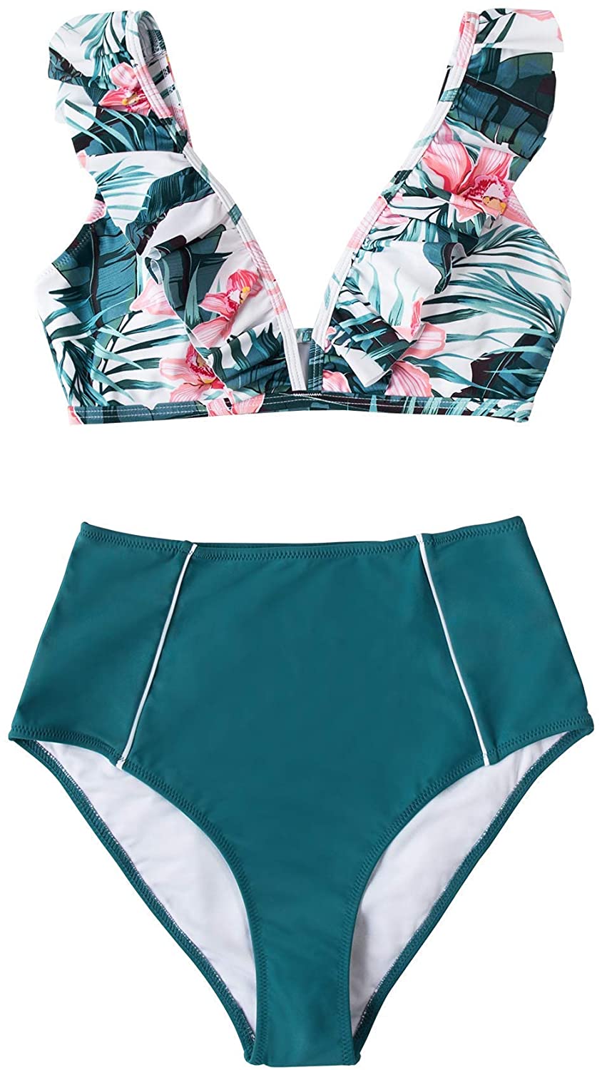 CUPSHE Women's High Waist Bikini Swimsuit Ruffle Floral Print Two Piece Bathing Suit