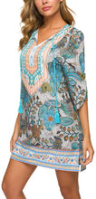 
                        
                          Load image into Gallery viewer, Women Bohemian Neck Tie Vintage Printed Ethnic Style Summer Shift Dress
                        
                      