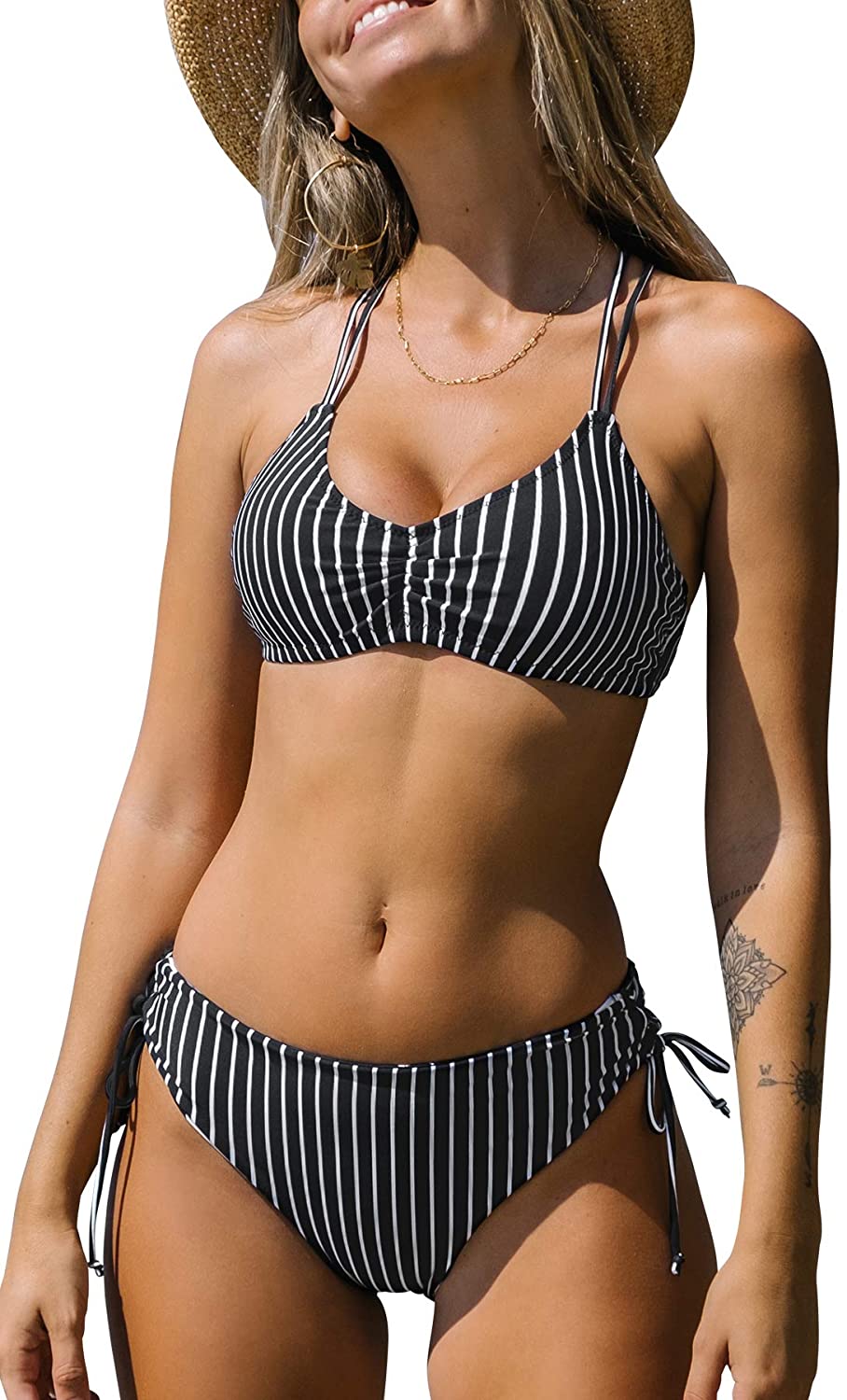CUPSHE Women's Back Braided Straps Reversible Bottom Strappy Lace Up Bikini Sets