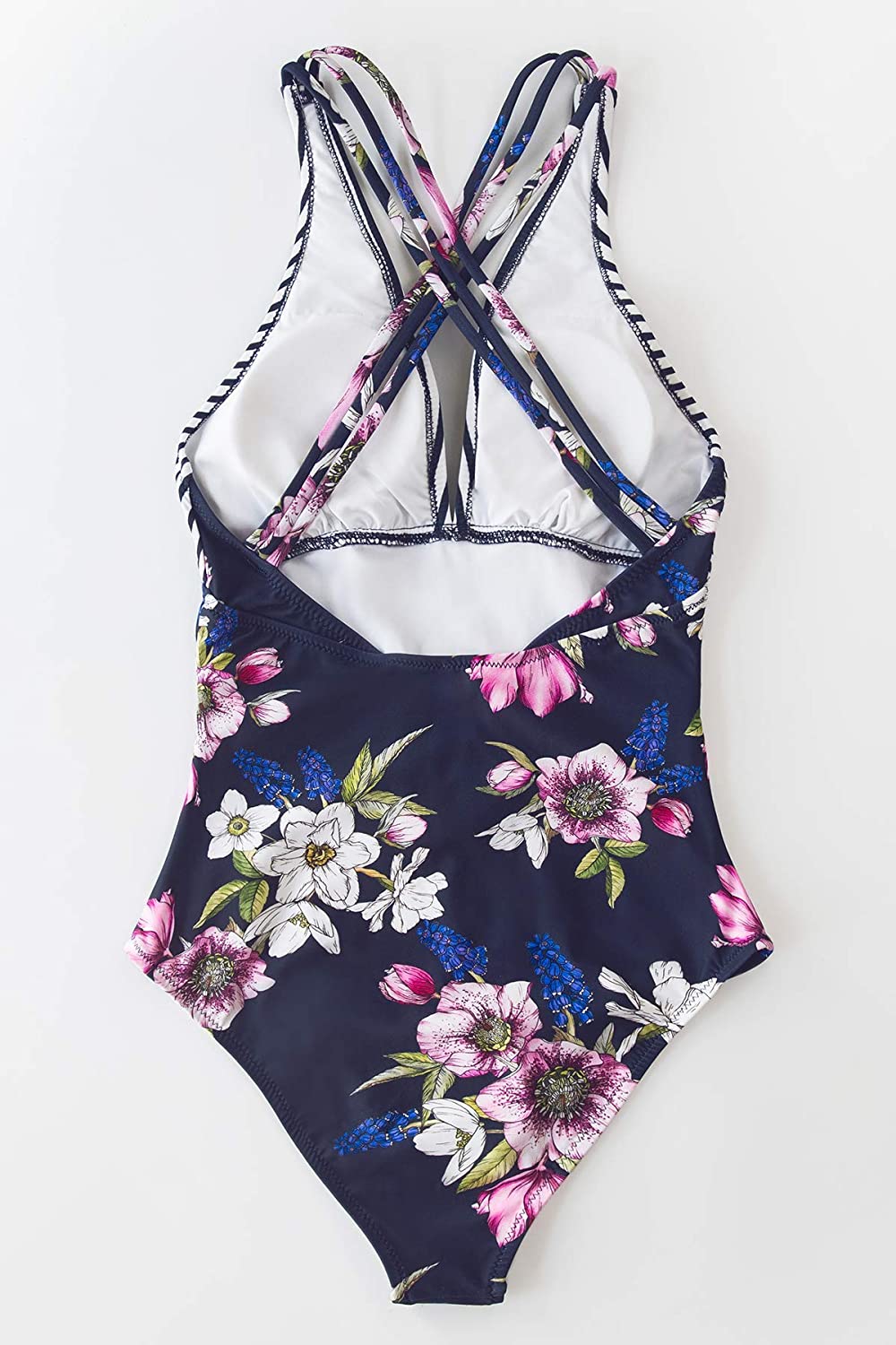 CUPSHE Women's One Piece Swimsuit V Neck Tummy Control Cross Back Vintage Swimwear Bathing Suits