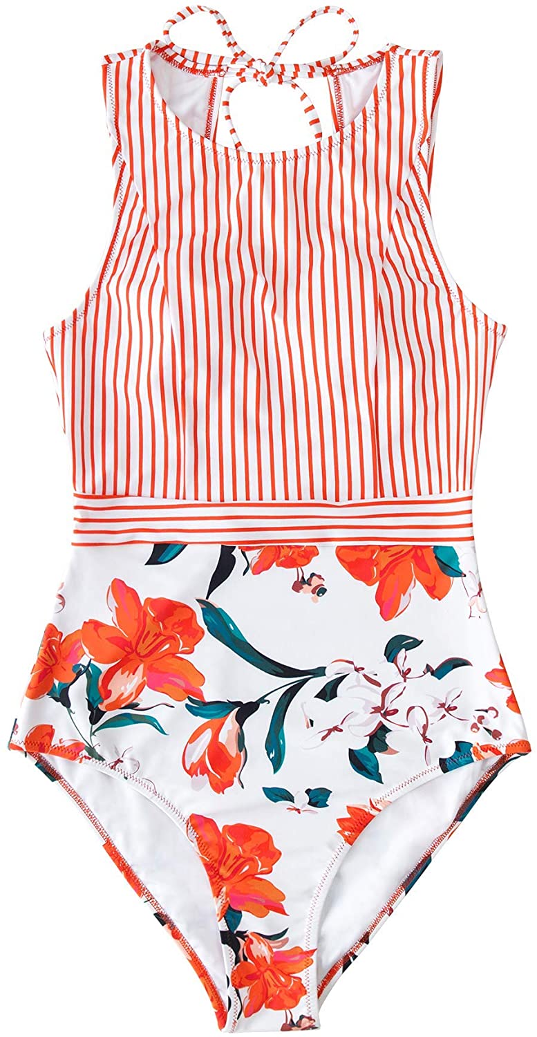 CUPSHE Women's Striped Leafy One Piece Swimsuit