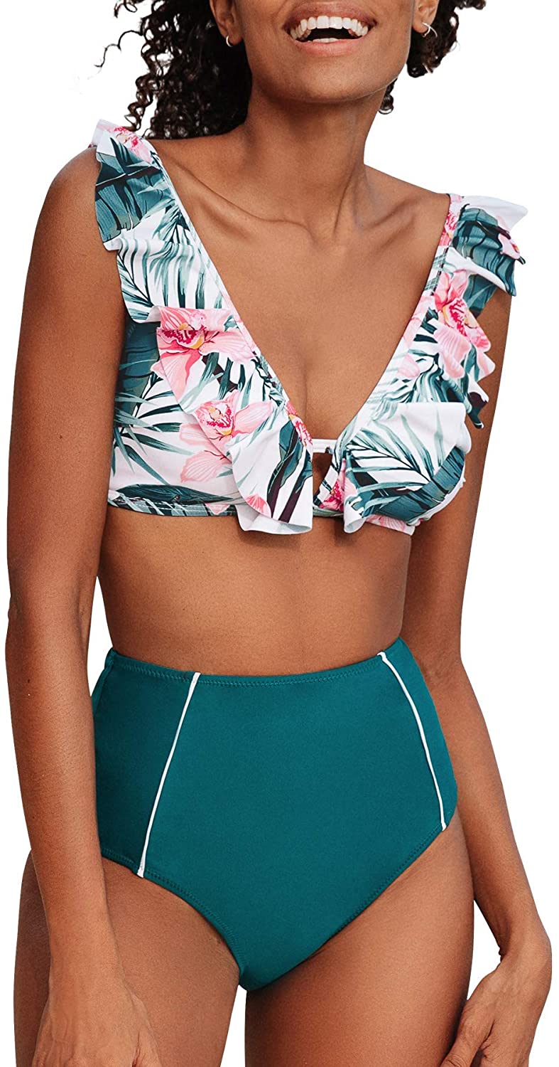 CUPSHE Women's High Waist Bikini Swimsuit Ruffle Floral Print Two Piece Bathing Suit