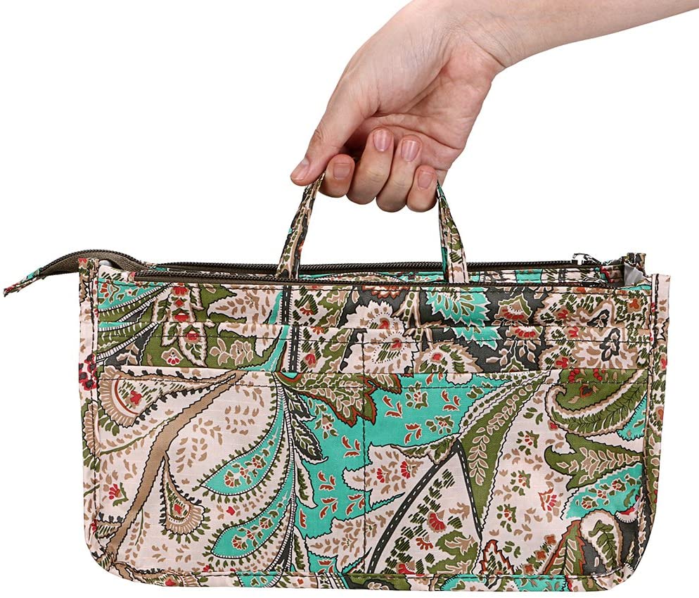 BTSKY New Printing Handbag Organizers Inside Purse Insert-High Capacity 13 Pockets Bag Tote Organizer with Handle Peacock Flower