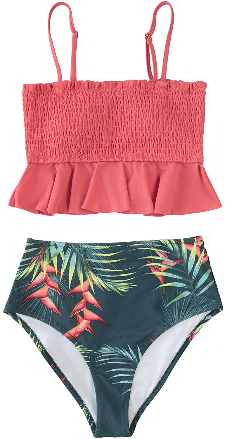 CUPSHE Women's High Waist Bikini Swimsuit Ruffle Smock Floral Print Two Piece Bathing Suit