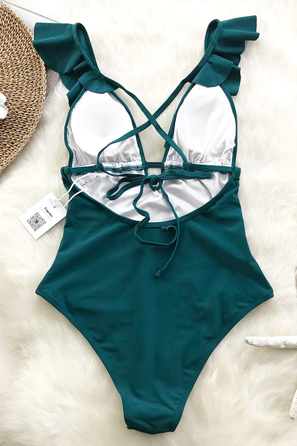 CUPSHE Women's One Piece Swimsuit Ruffle Deep V Neck Strappy Swimwear Bathing Suits