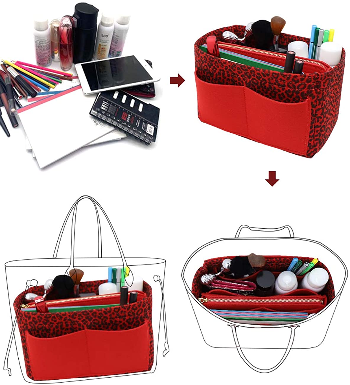 Felt Purse Bag Organizer Insert with zipper Bag Tote Shaper Fit Speedy Neverfull MM GM