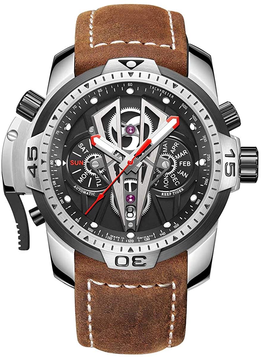 Reef Tiger Mens Sport Mechanical Watches with Steel Black Dial Automatic Watch Calfskin Leather Strap RGA3591