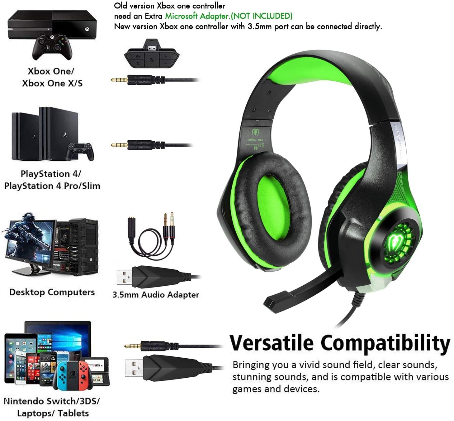 BlueFire Stereo Gaming Headset for Playstation 4 PS4 Over-Ear Headphones with Mic and LED Lights for Xbox One, PC, Laptop(Green) - JOY2ESpree