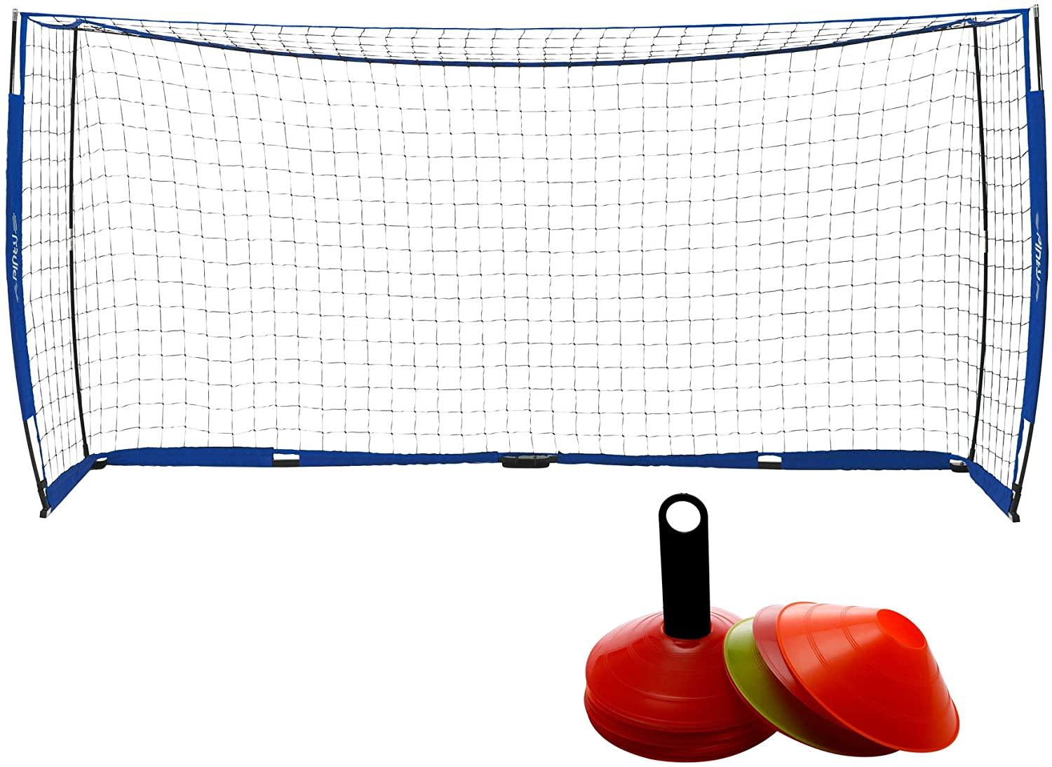 Pinty 12x6ft Soccer Goal, Knotless Kids' Soccer Net with 12pcs Soccer Cones Set in Multi Colors, Easy Setup Steel Poles and Portable Design - JOY2ESpree