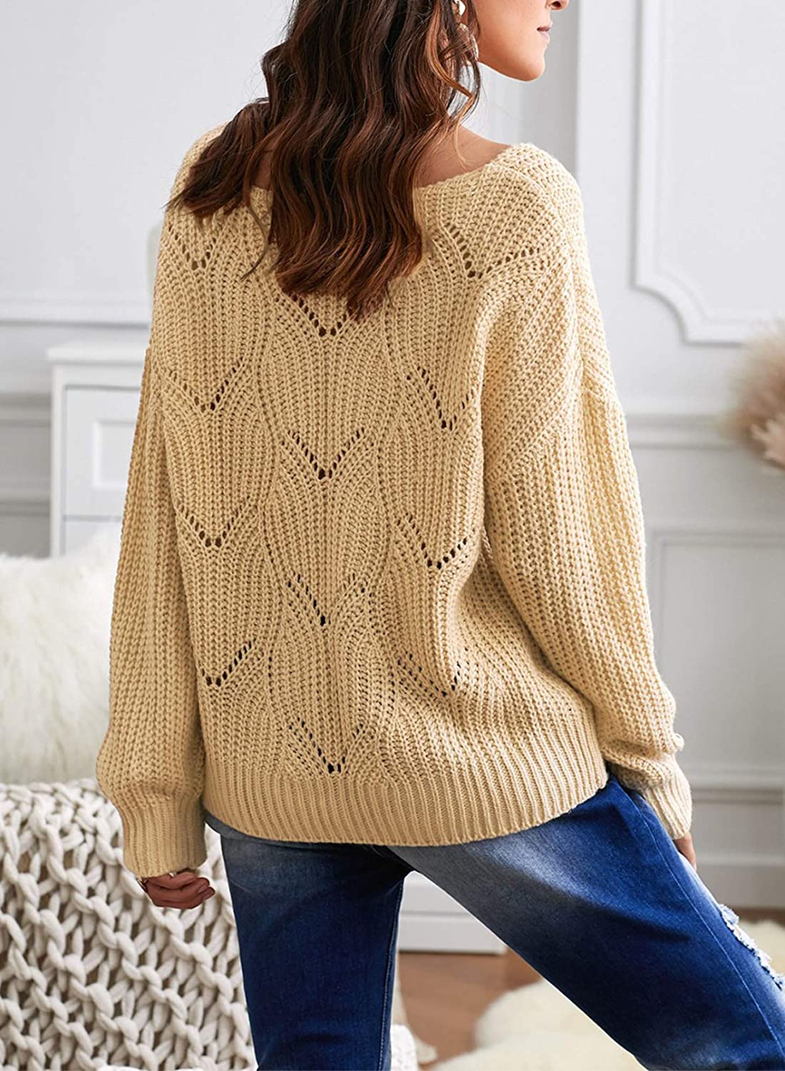 Dokotoo Womens Cute Soft Crewneck Long Sleeve Hollow Cable Knit Pullover Sweaters