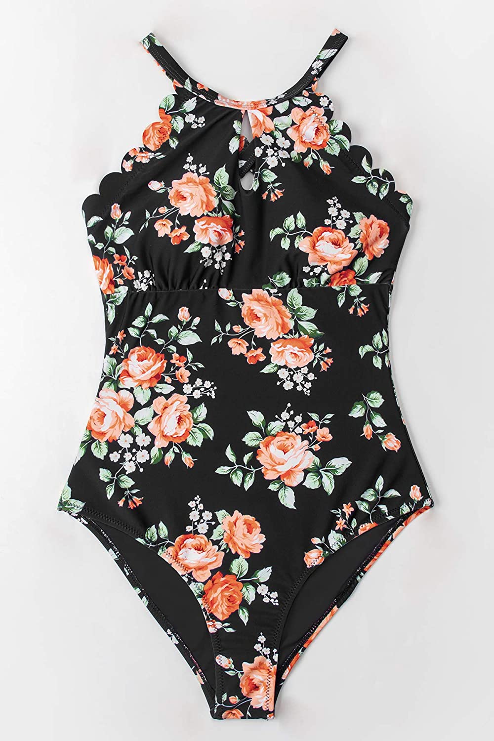 CUPSHE Women's One Piece Swimsuit Floral Print High Neck Scallop Bathing Suit