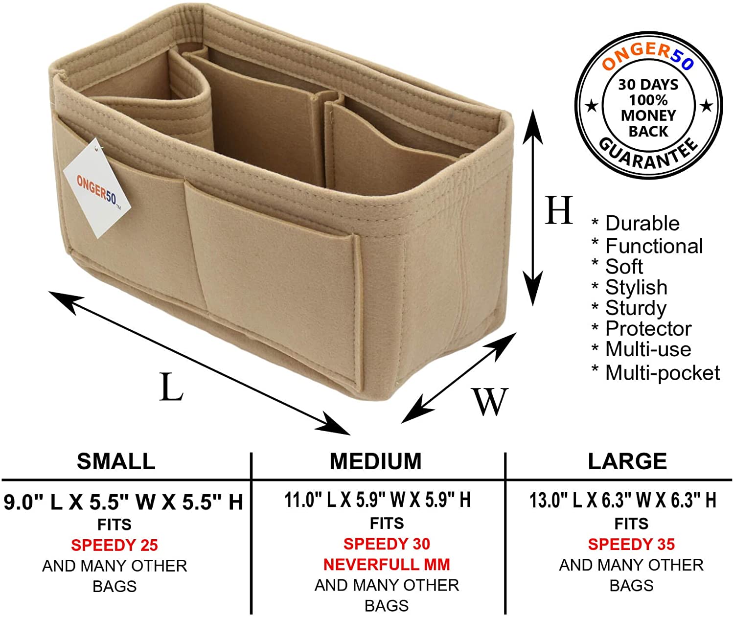 Felt Handbag Organizer Insert - Multi Pocket Bag and Tote Organizer Shaper Liner Insert
