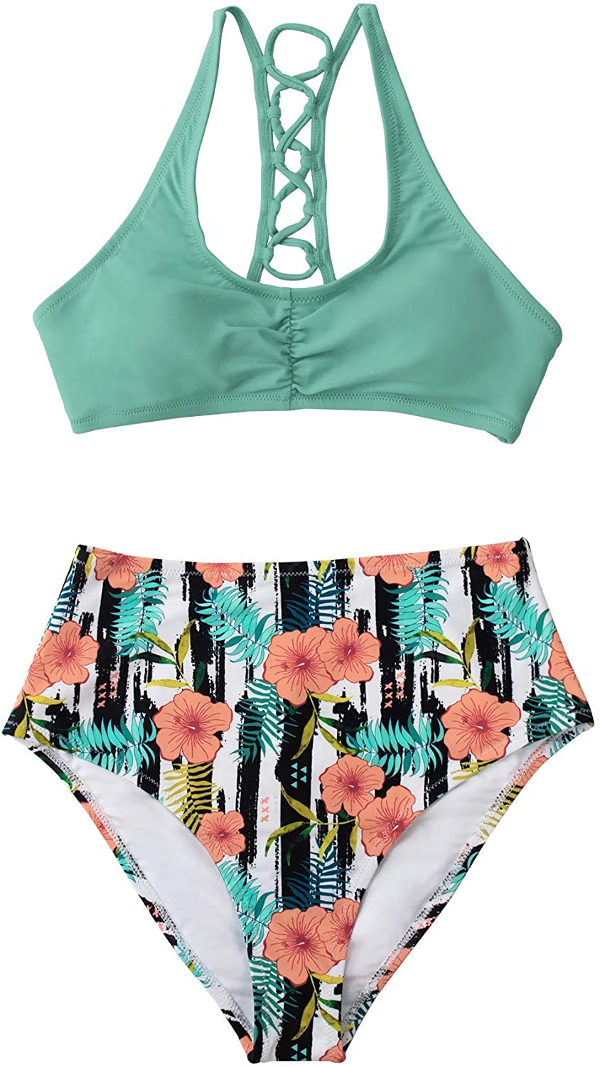 CUPSHE Women's High Waisted Bikini Floral Lace Up Two Piece Swimsuits