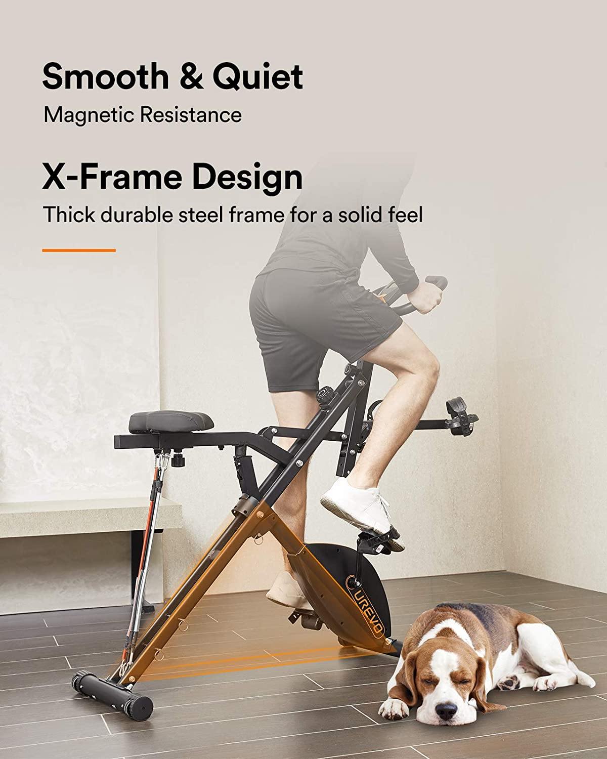 UREVO Stationary Exercise Bike Foldable 3 in 1 Magnetic Upright Bike Indoor Cycling Bike Squat Machine Row - JOY2ESpree