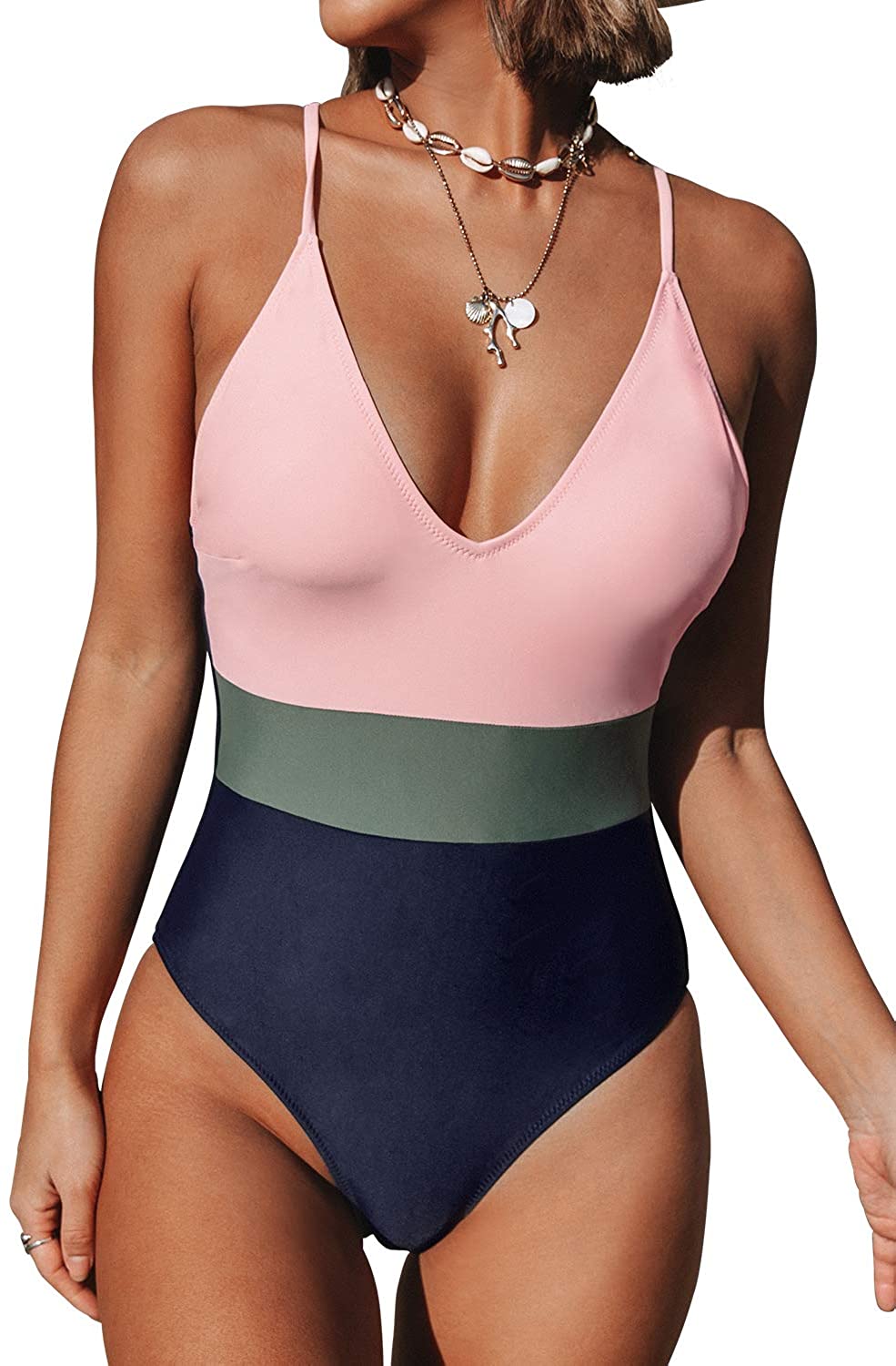 CUPSHE Women's One Piece Swimsuit V Neck Cross Back Color Block Beach Swimwear Bathing Suits