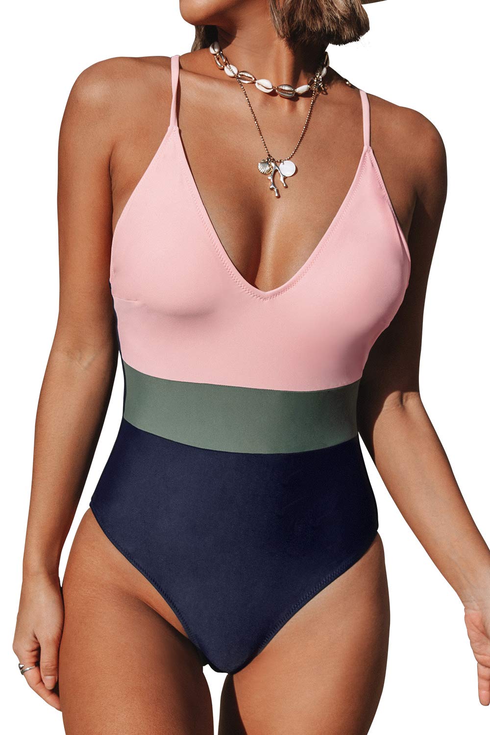 CUPSHE Women's One Piece Swimsuit V Neck Cross Back Color Block Beach Swimwear Bathing Suits