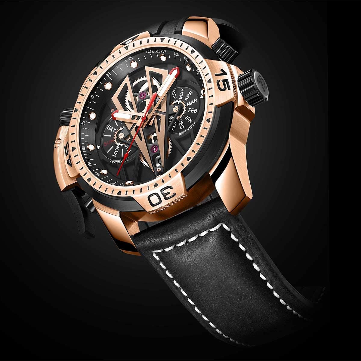 Reef Tiger Mens Sport Mechanical Watches with Steel Black Dial Automatic Watch Calfskin Leather Strap RGA3591