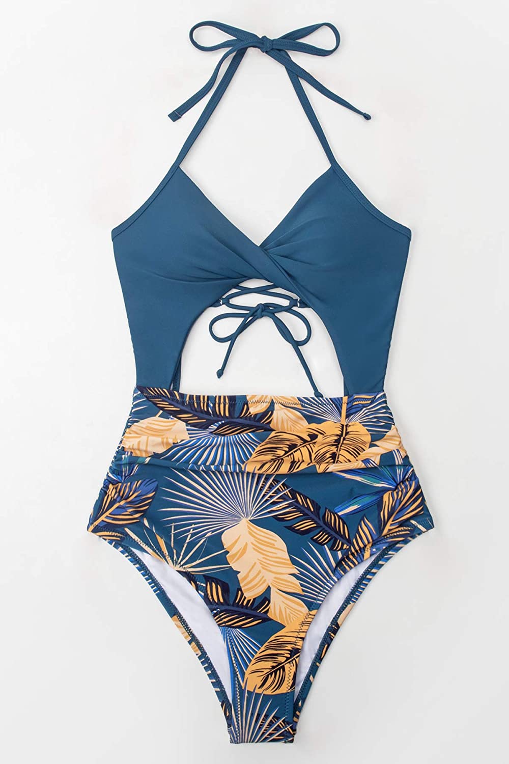 CUPSHE Women's Black Floral Print Halter Cutout High Waist One Piece Swimsuit