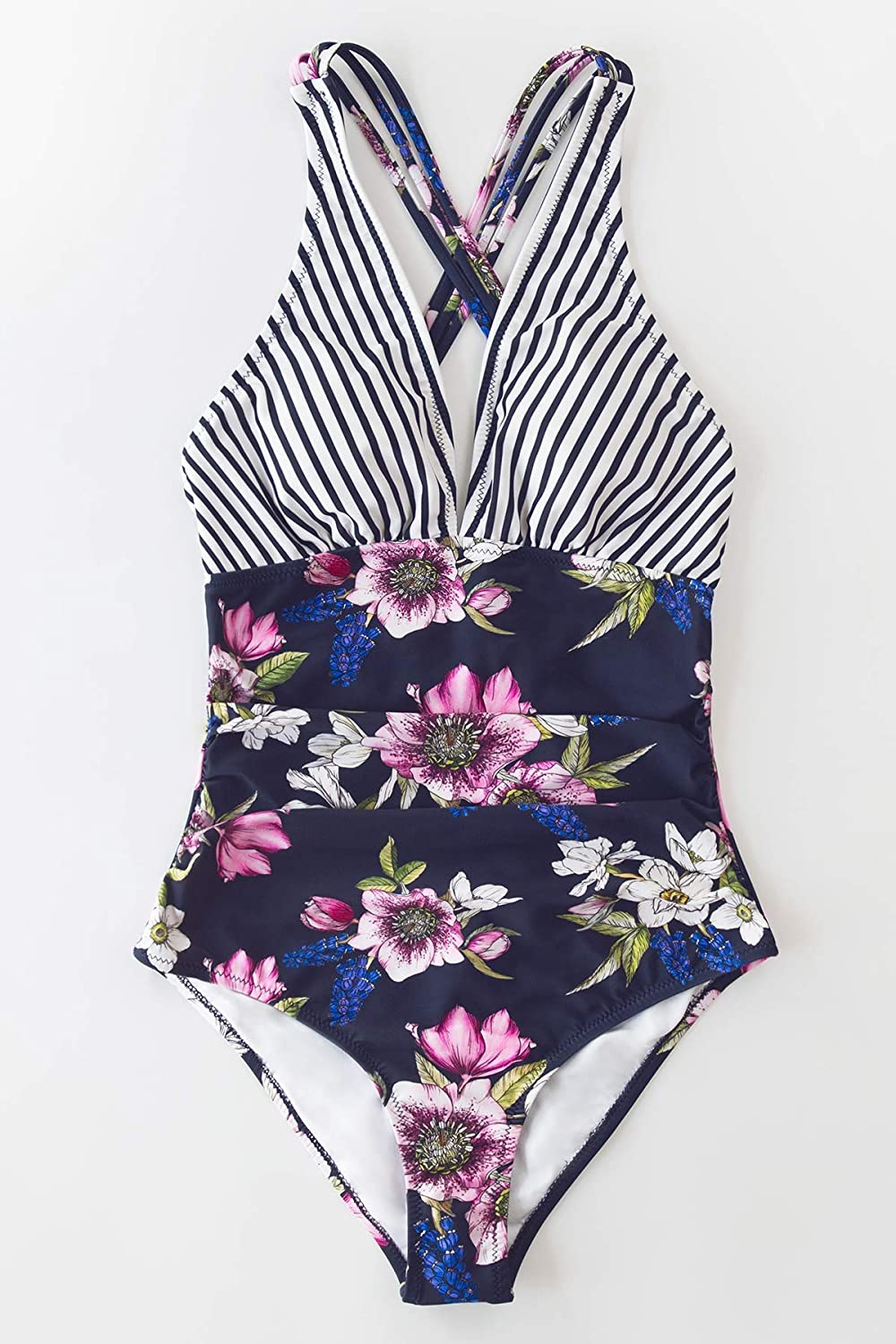 CUPSHE Women's One Piece Swimsuit V Neck Tummy Control Cross Back Vintage Swimwear Bathing Suits