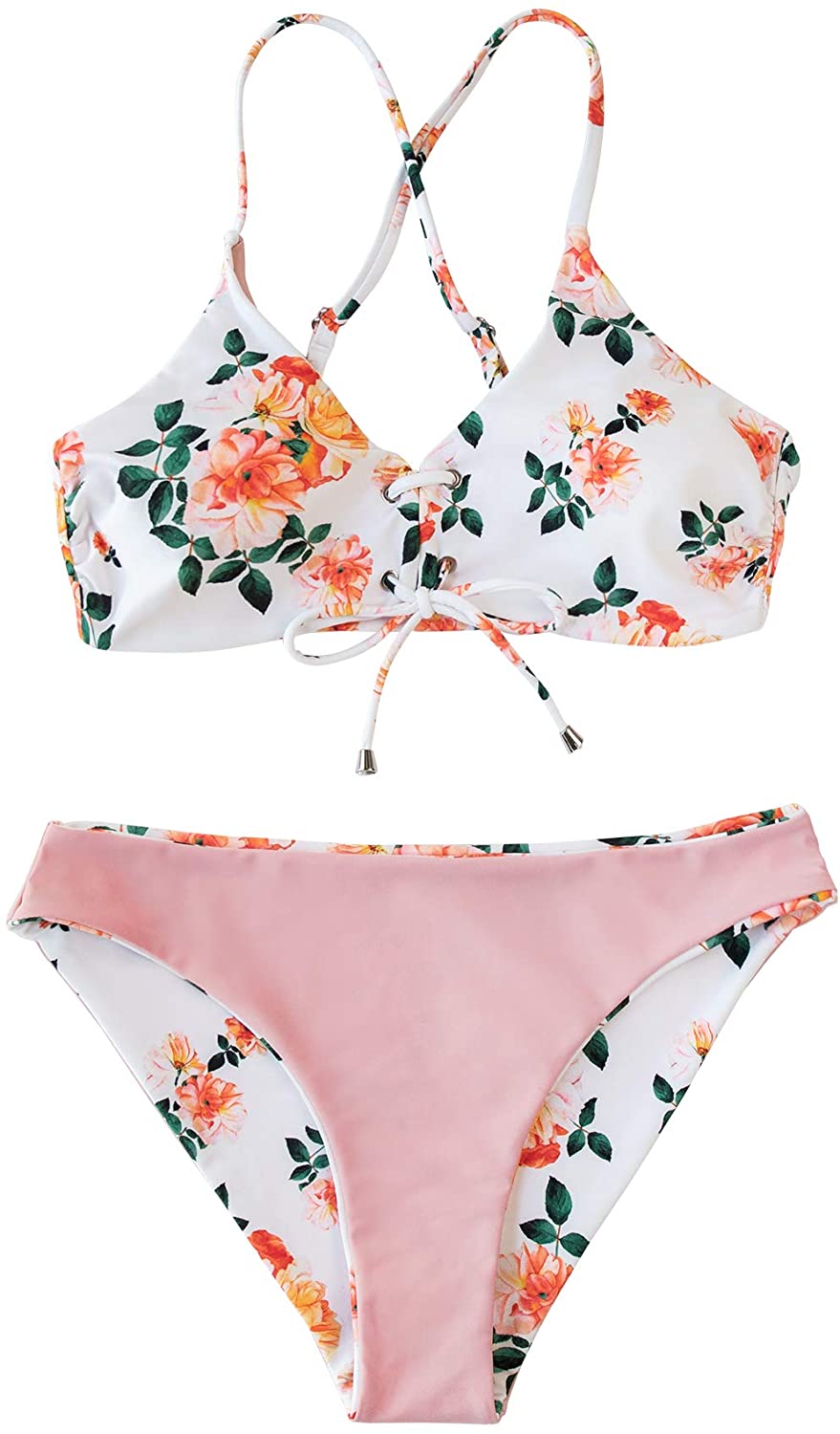 CUPSHE Women's Reversible Lace Up Bikini Sets Floral and Striped