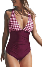 
                        
                          Load image into Gallery viewer, CUPSHE Women's One Piece Swimsuit V Neck Tummy Control Cross Back Vintage Swimwear Bathing Suits
                        
                      