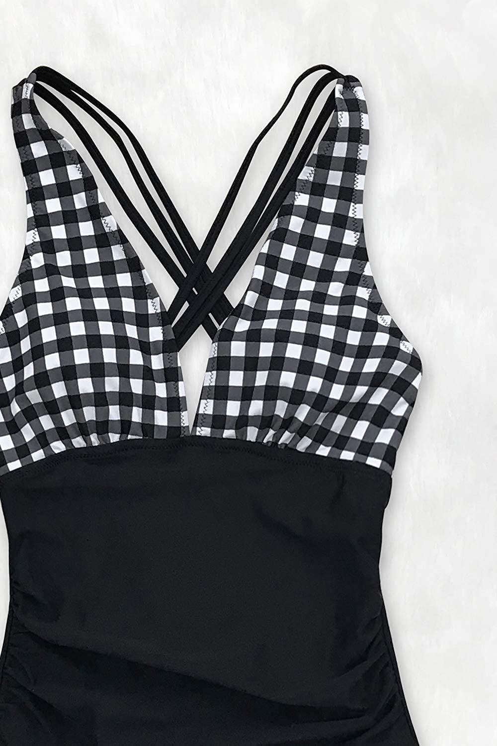 CUPSHE Women's One Piece Swimsuit V Neck Tummy Control Cross Back Vintage Swimwear Bathing Suits