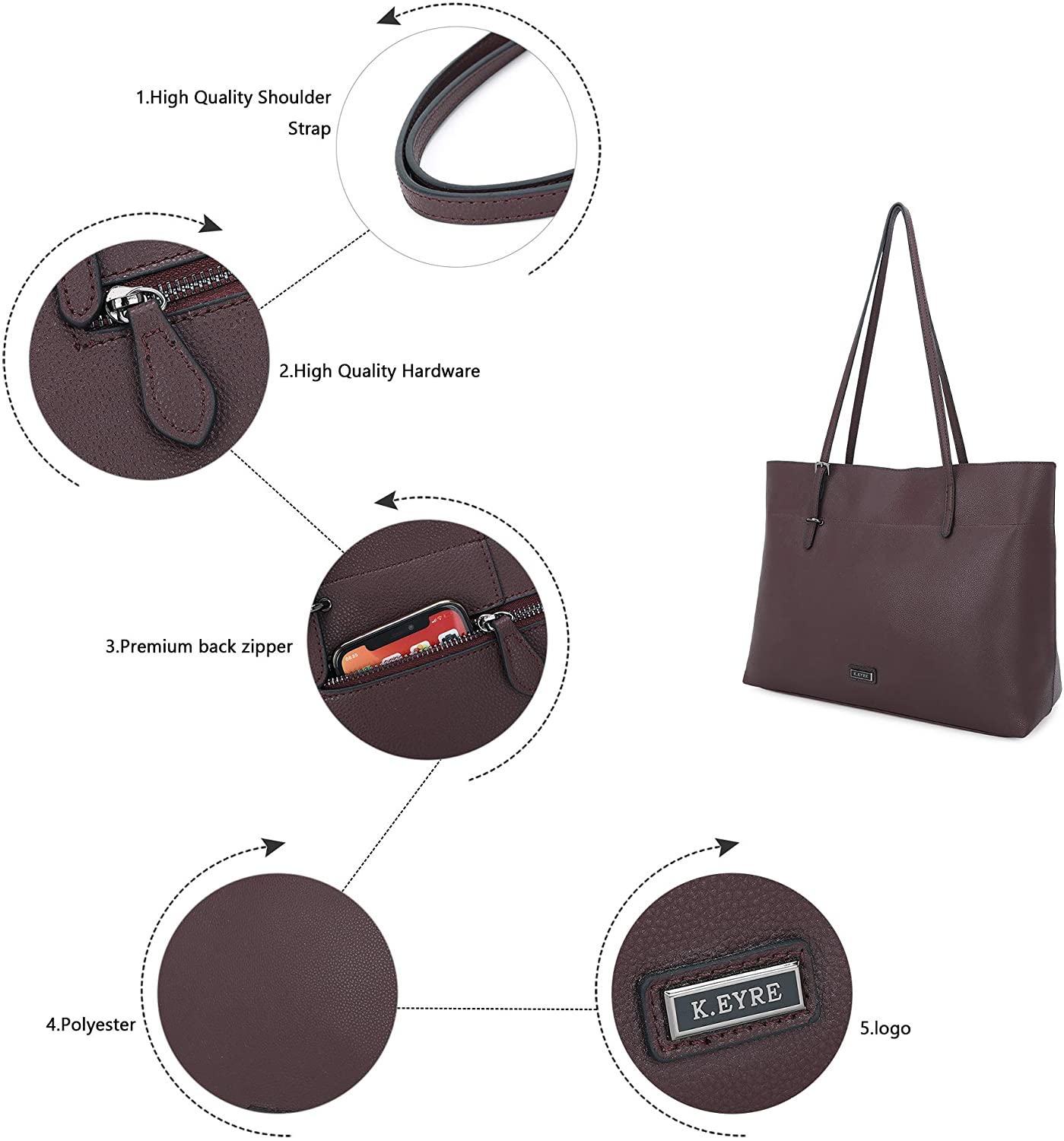 K.EYRE Women's Soft Faux Leather Tote Bag Purse Handbags Wallet Tote Shoulder Bag Purse Large Capacity