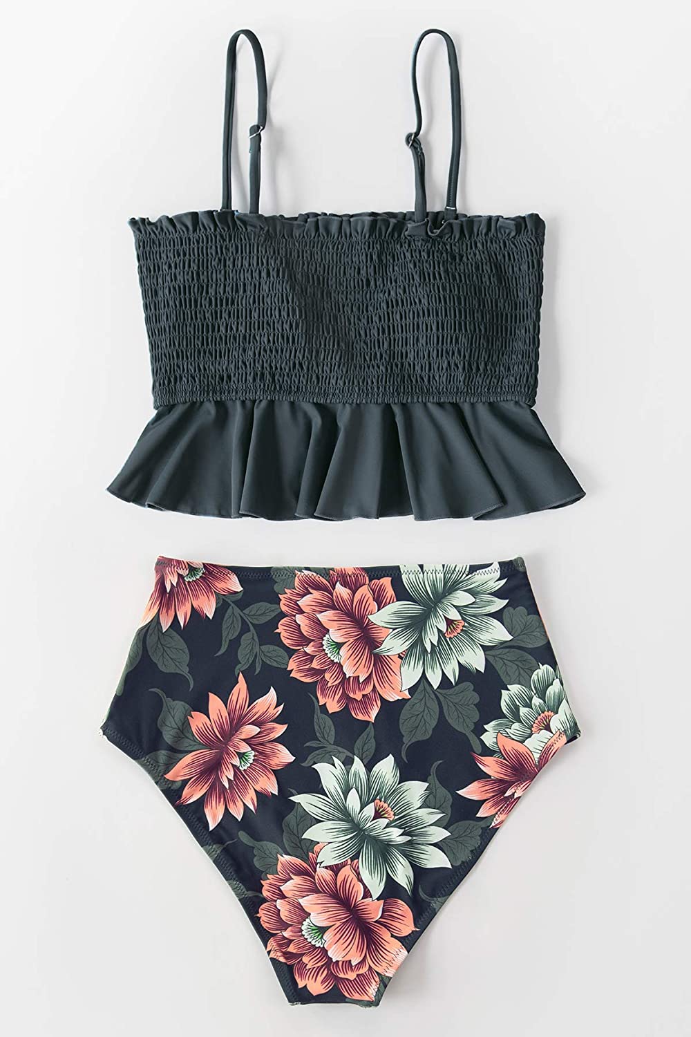 CUPSHE Women's High Waist Bikini Swimsuit Ruffle Smock Floral Print Two Piece Bathing Suit