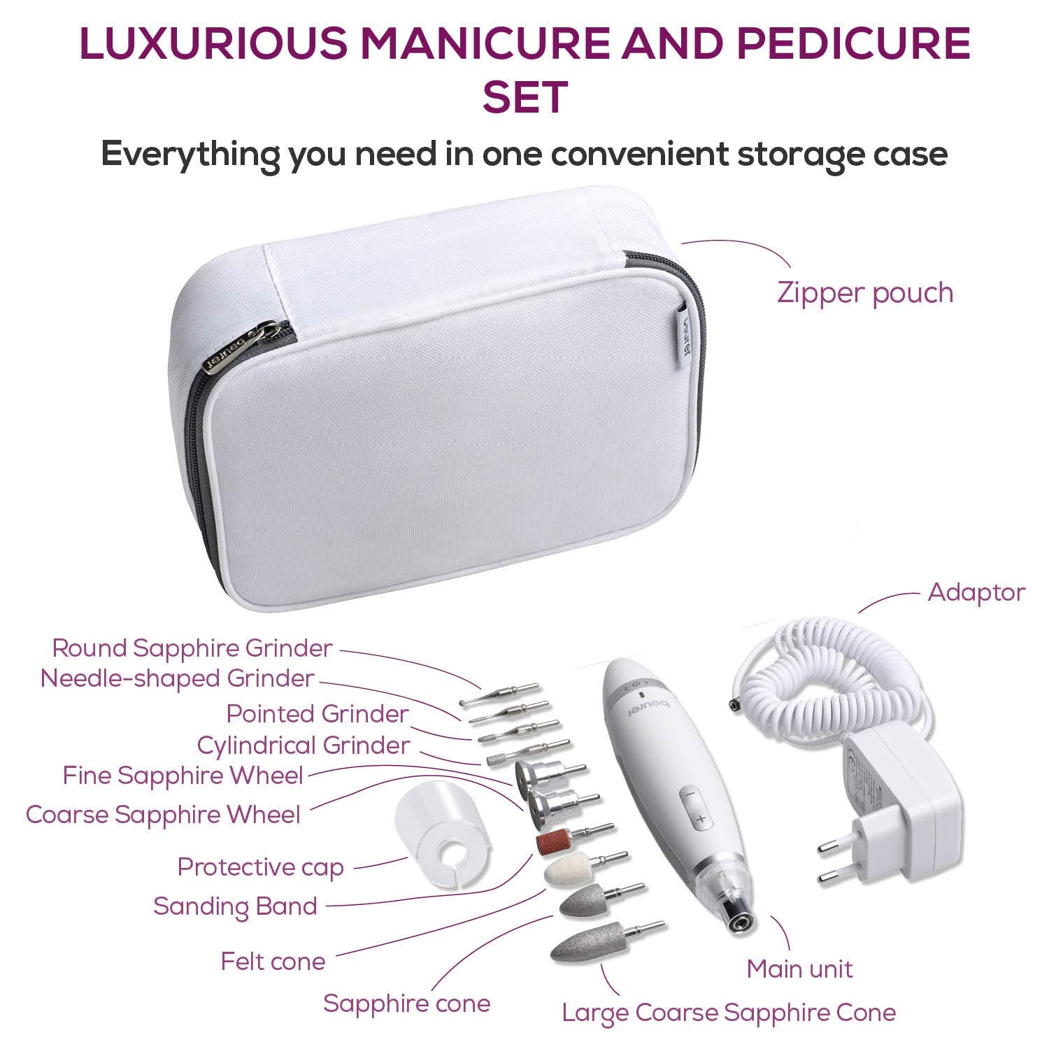 Beurer 14-piece Professional Manicure & Pedicure Nail Drill Kit, Cordless, 10 Attachments, 3 Speed Settings