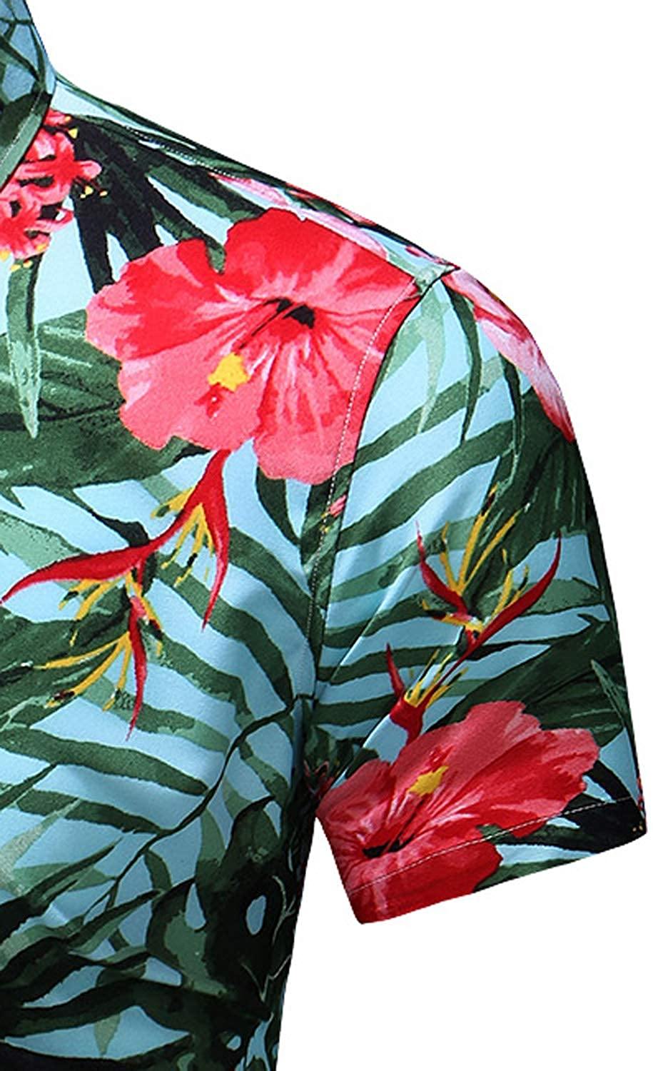 LEFTGU Men's Slim fit Floral Printed Beach Hawaiian Button-Down Dress Shirt
