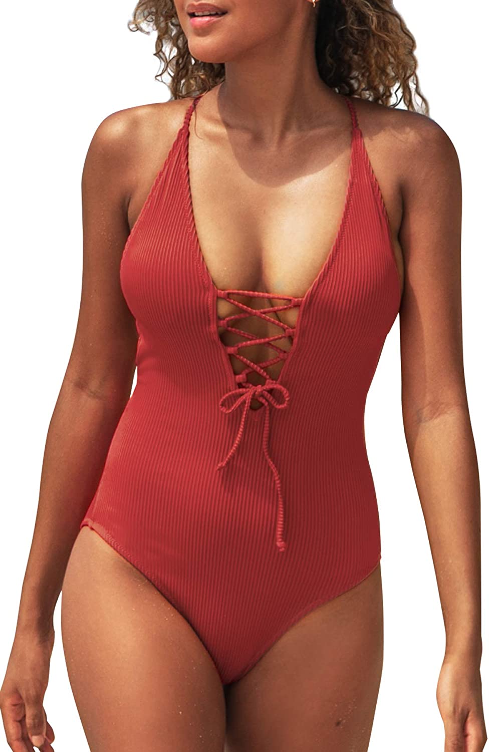 CUPSHE Women's Solid Color V Neck Lace Up One Piece Swimsuit
