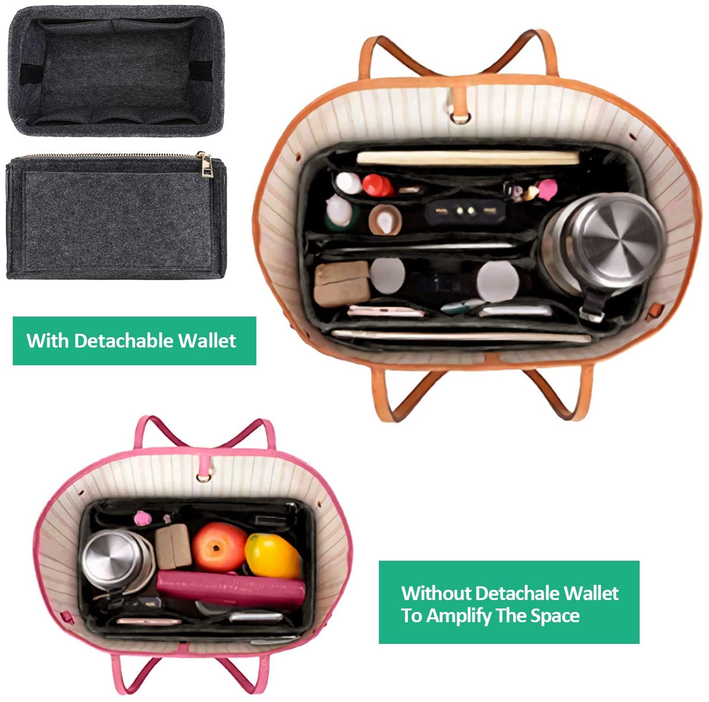 MA STRAP Purse Organizer with Detachable Zipper Pouch Multipurpose Felt Insert Bag Fit Speedy Neverfull Longchamp Tote