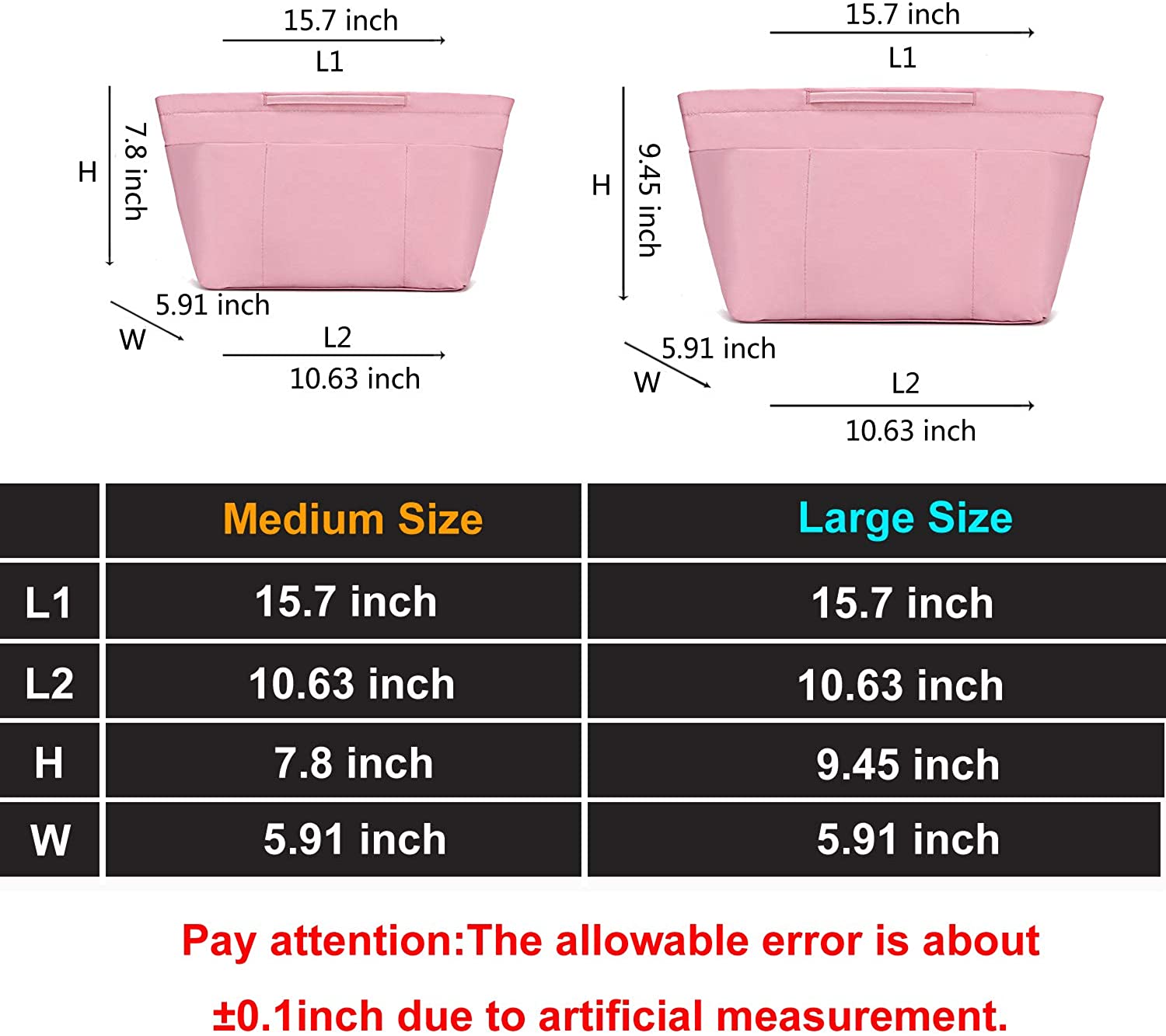 bridawn Nylon Tote Organizer Purse Insert Pocketbook Organizer Insert Handbag Divider with Handles Zipper Closure