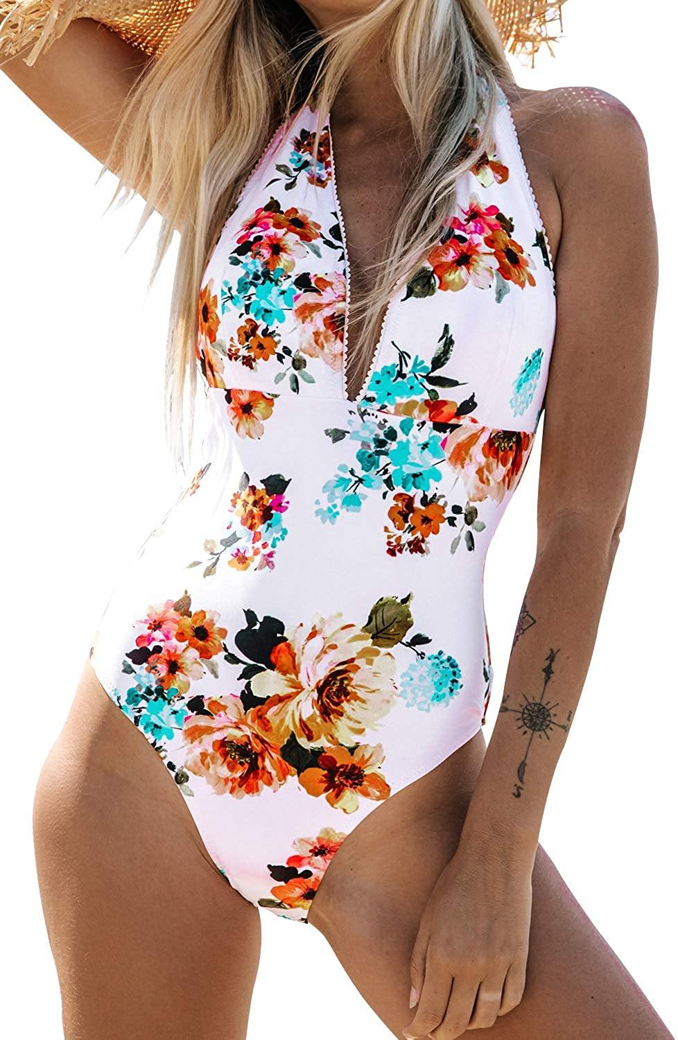 CUPSHE Women's Tie Waist Floral Print One Piece Swimsuit Halter Swimwear - JOY2ESpree
