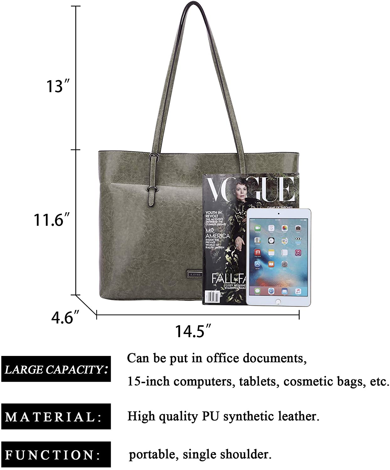 K.EYRE Women's Soft Faux Leather Tote Bag Purse Handbags Wallet Tote Shoulder Bag Purse Large Capacity