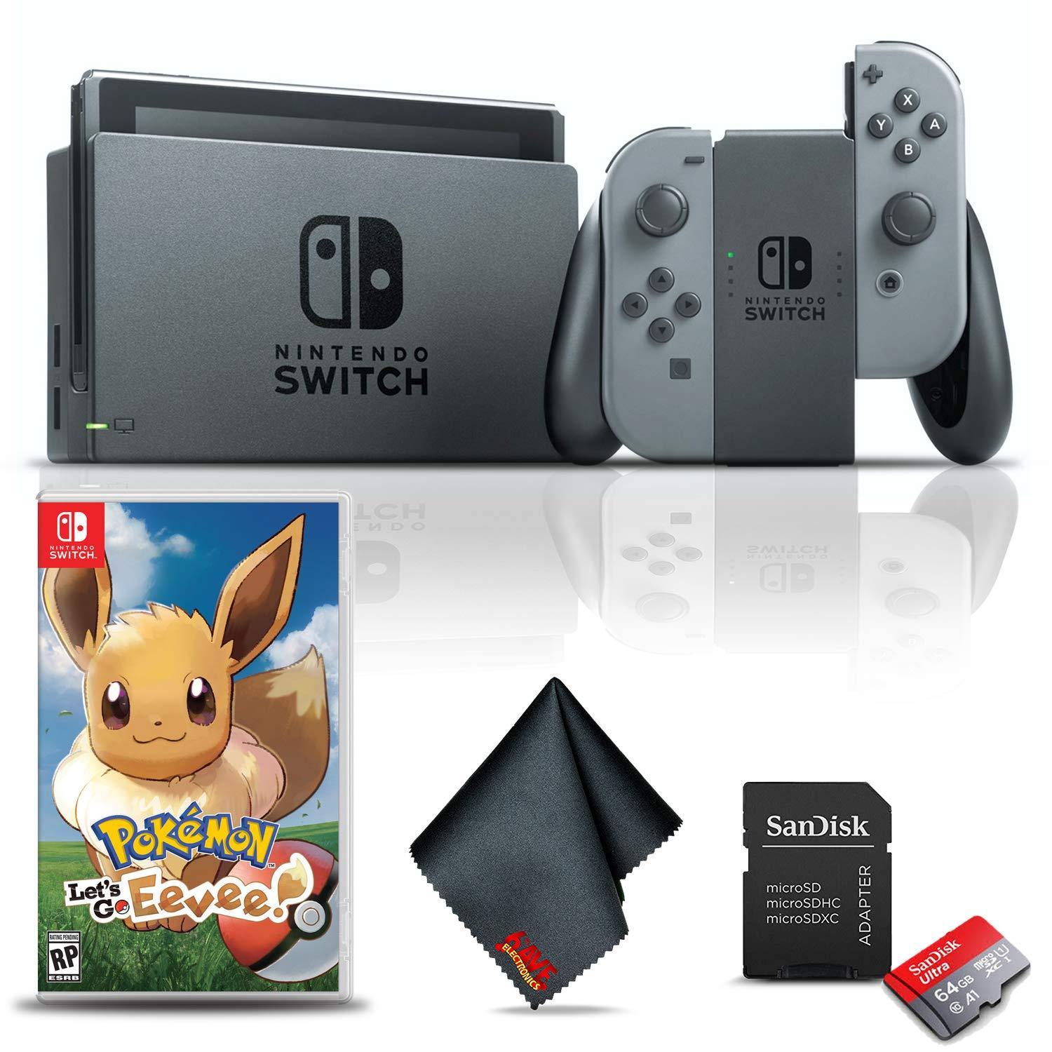 Nintendo Switch (Gray) Gaming Console Bundle with Pokemon: Let's Go Eevee Game, 64GB Memory Card, and Cleaning Cloth - JOY2ESpree