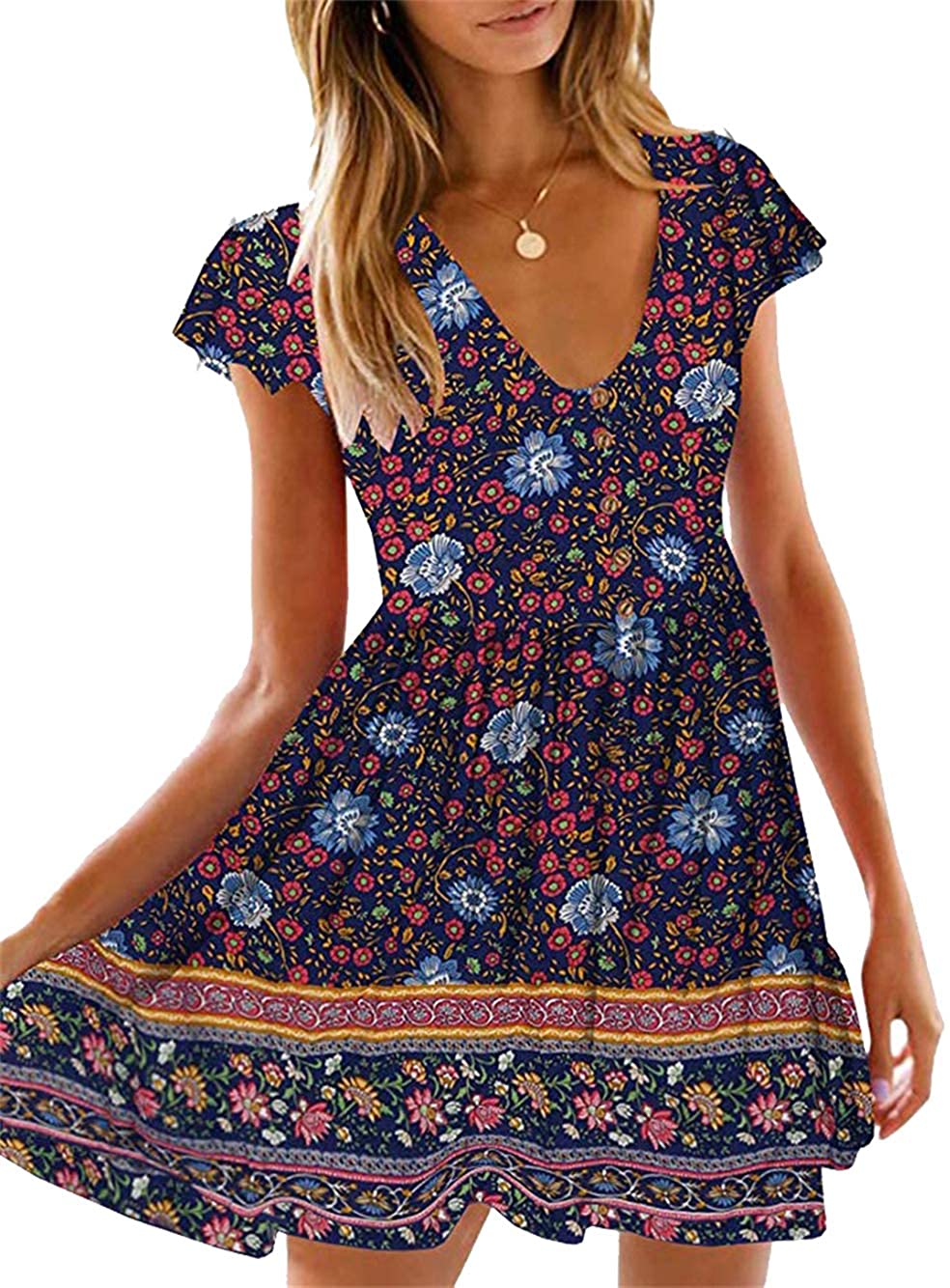 KIRUNDO Women’s  Summer Hot Short Sleeve V-Neck High Waist Floral Print Mini Sun Dress