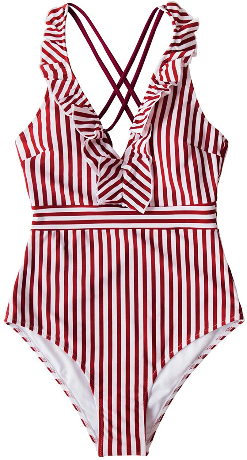 CUPSHE Women's V Neck One Piece Swimsuit Ruffled Back Cross Swimwear