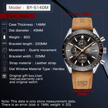 
                        
                          Muat gambar ke penampil Galeri, BENYAR Chronograph Mens Watch Quartz Movement 30M Waterproof | Leather Watch Strap
                        
                      