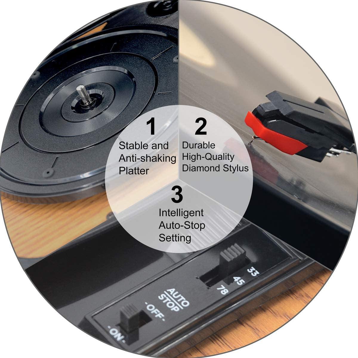 Bluetooth Record Player 3 Speed Craftmanship Turntable with Built-in Premium Speakers Support USB Playback/Recording (Black)… - JOY2ESpree