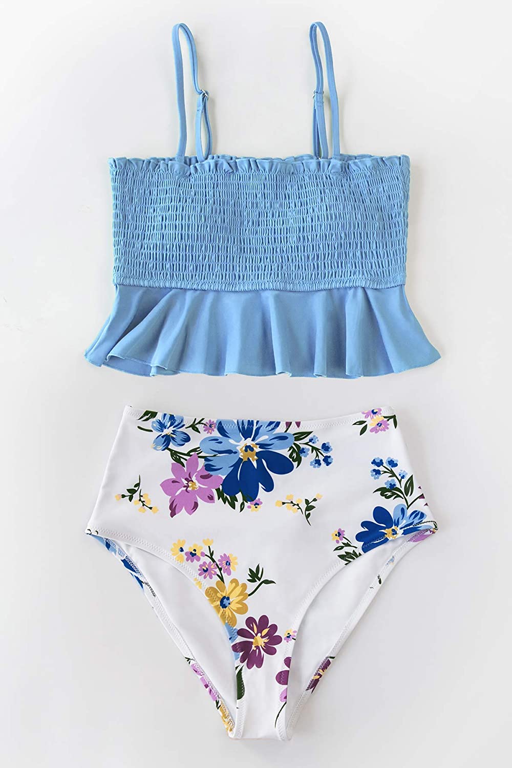 CUPSHE Women's High Waist Bikini Swimsuit Ruffle Smock Floral Print Two Piece Bathing Suit