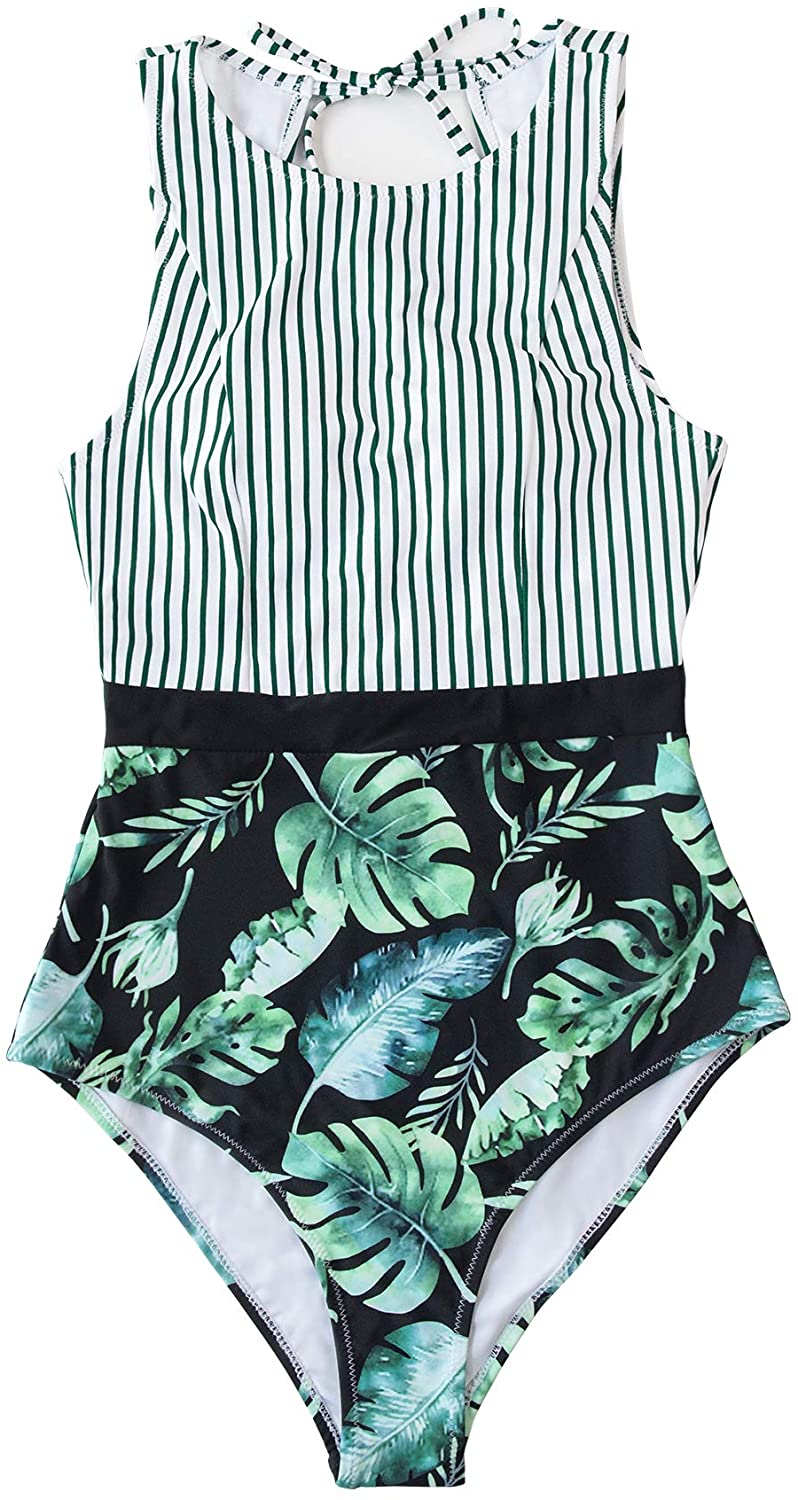 CUPSHE Women's Striped Leafy One Piece Swimsuit