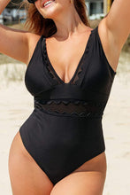 
                        
                          Load image into Gallery viewer, CUPSHE Women&#39;s Solid Black V Neck Mesh One Piece Swimsuit
                        
                      