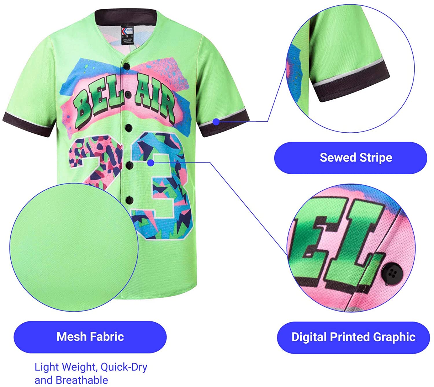 MOLPE 90s Hip Hop Clothing for Men and Women, Unisex Bel Air 23 Baseball Jersey, Mens Printed Urban Shirts for Party