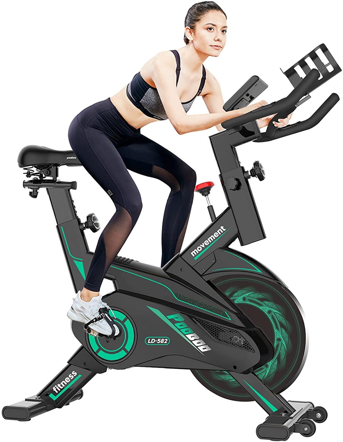 Pooboo Indoor Cycling Bike Belt Drive Exercise Bike Stationary with Comfortable Seat Cushion, Tablet Holder and LCD Monitor for Home Workout - JOY2ESpree