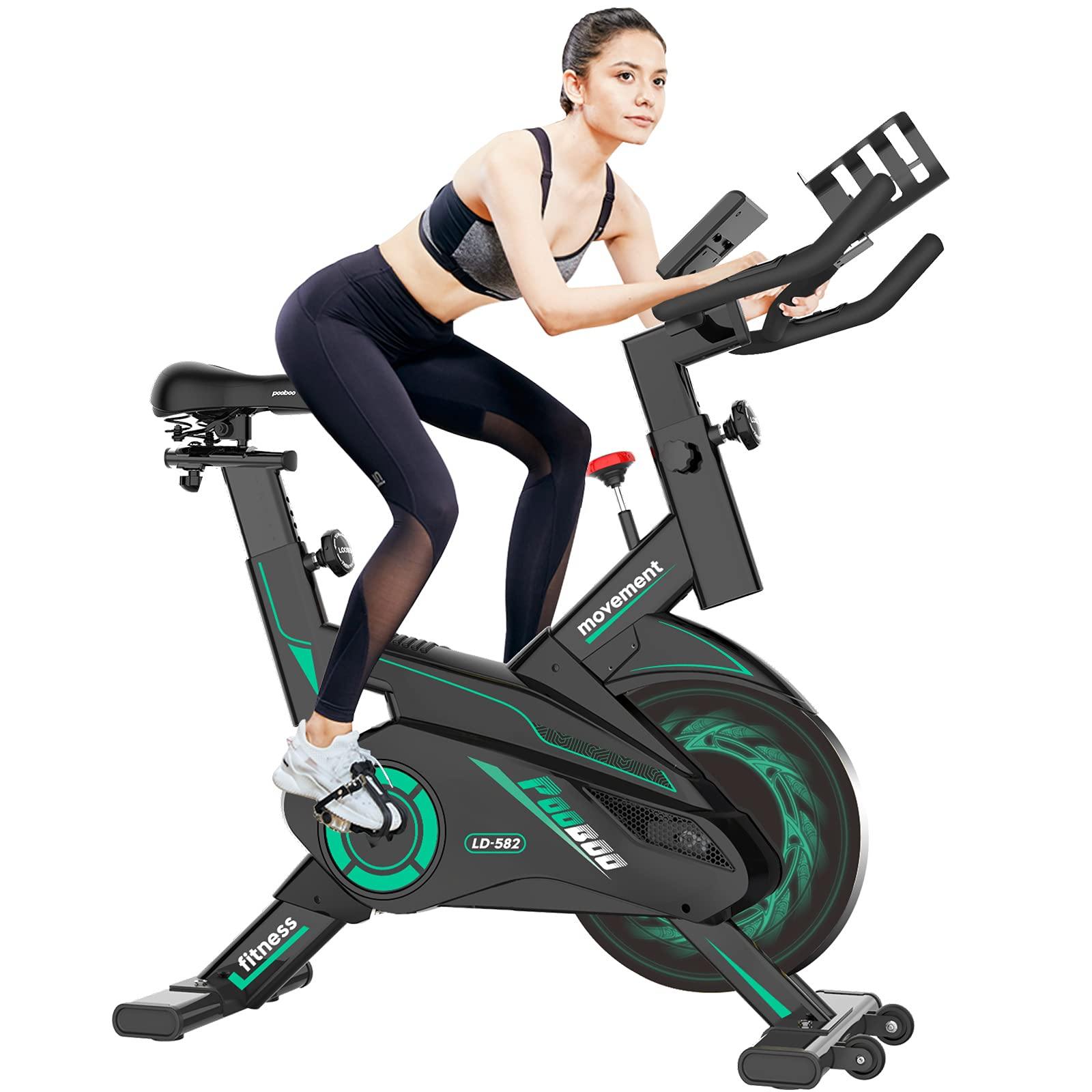 Pooboo Indoor Cycling Bike Belt Drive Exercise Bike Stationary with Comfortable Seat Cushion, Tablet Holder and LCD Monitor for Home Workout - JOY2ESpree