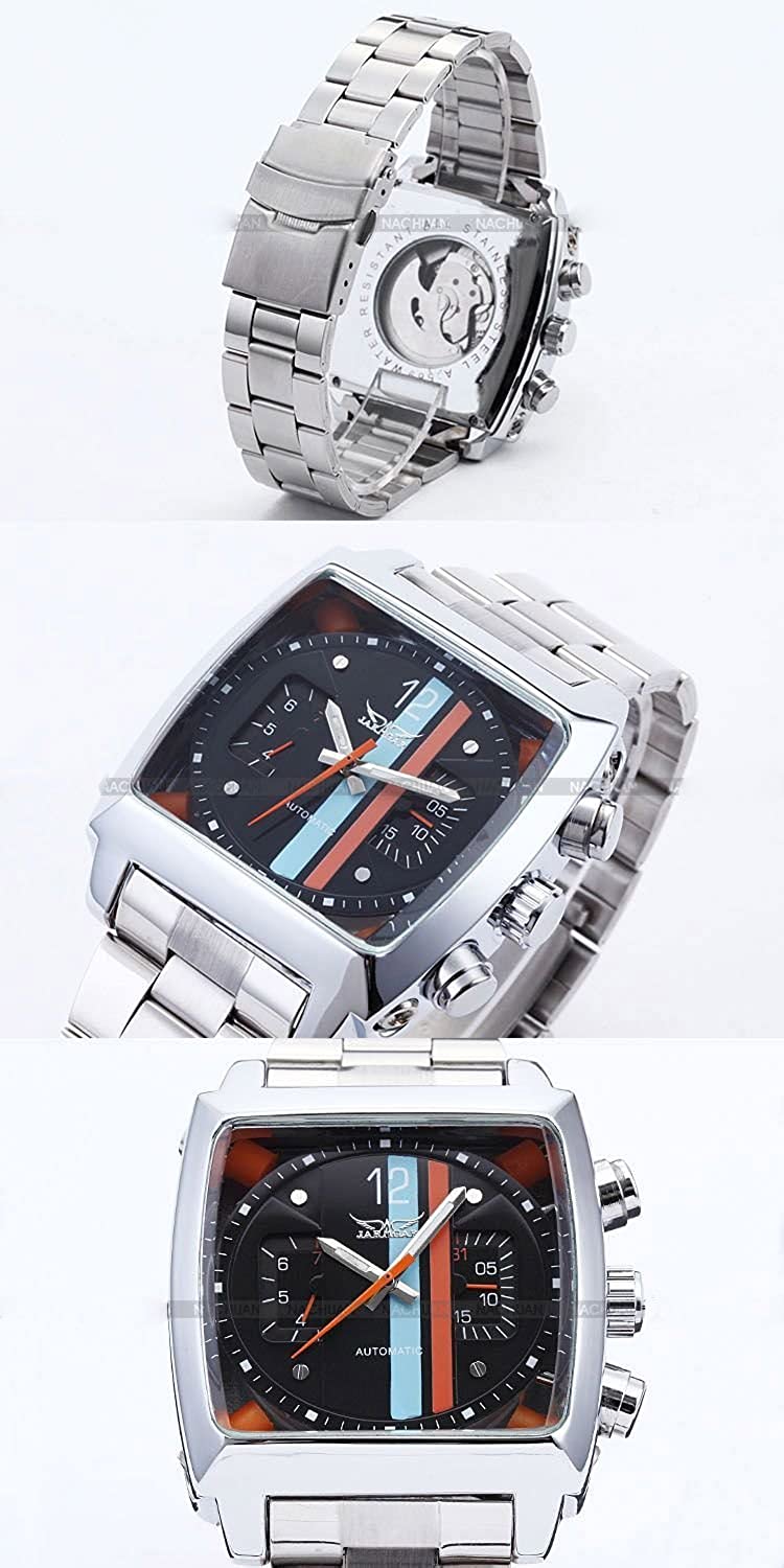 Fanmis Mens Automatic Analog Oblong Date Silver Stainless Steel Wrist Watch Business Luminous Watch